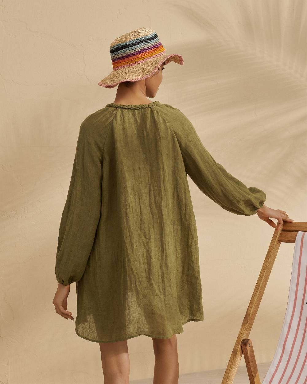 Manebí Linen Gauze Ibiza Dress - Hand Braided Cord Kaki Green Duty-free