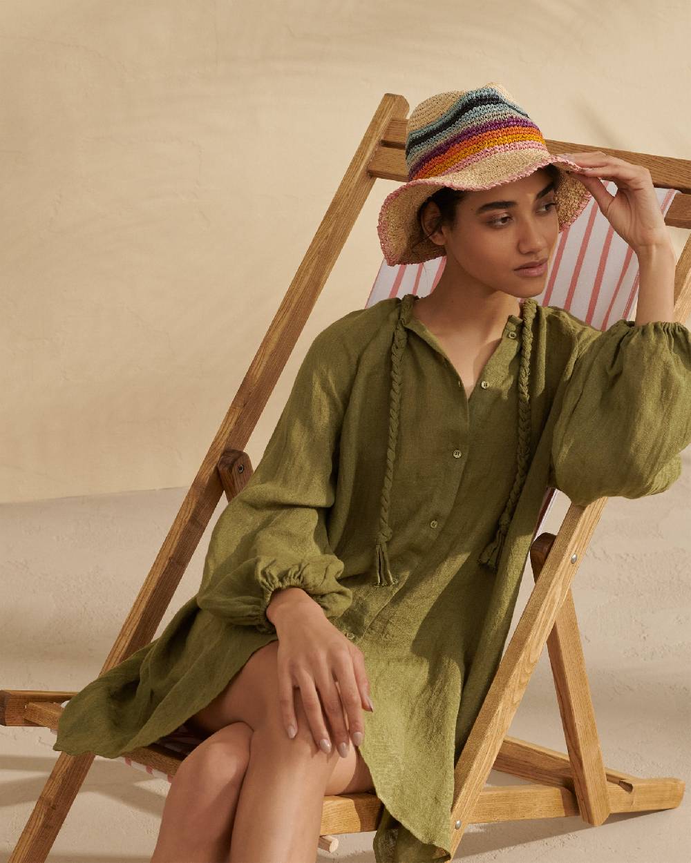 Manebí Linen Gauze Ibiza Dress - Hand Braided Cord Kaki Green Duty-free