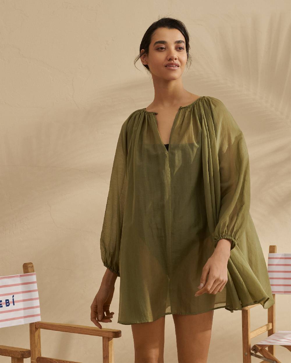 Manebí Silk Cotton Voile|Minorca Dress - Slim Waist Tie Belt Kaki Green 50% di sconto per tempo limitato