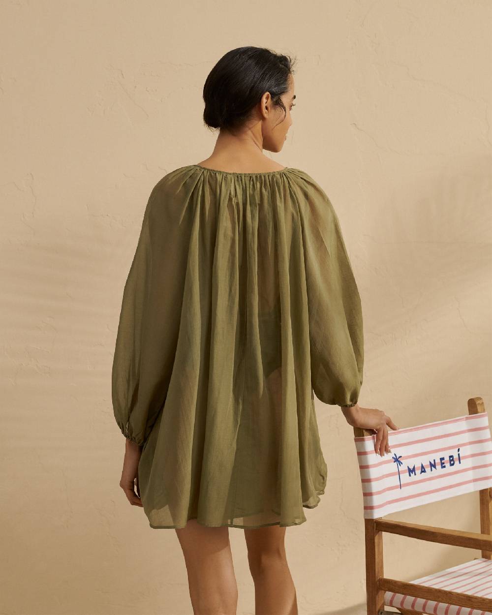 Manebí Silk Cotton Voile|Minorca Dress - Slim Waist Tie Belt Kaki Green 50% di sconto per tempo limitato