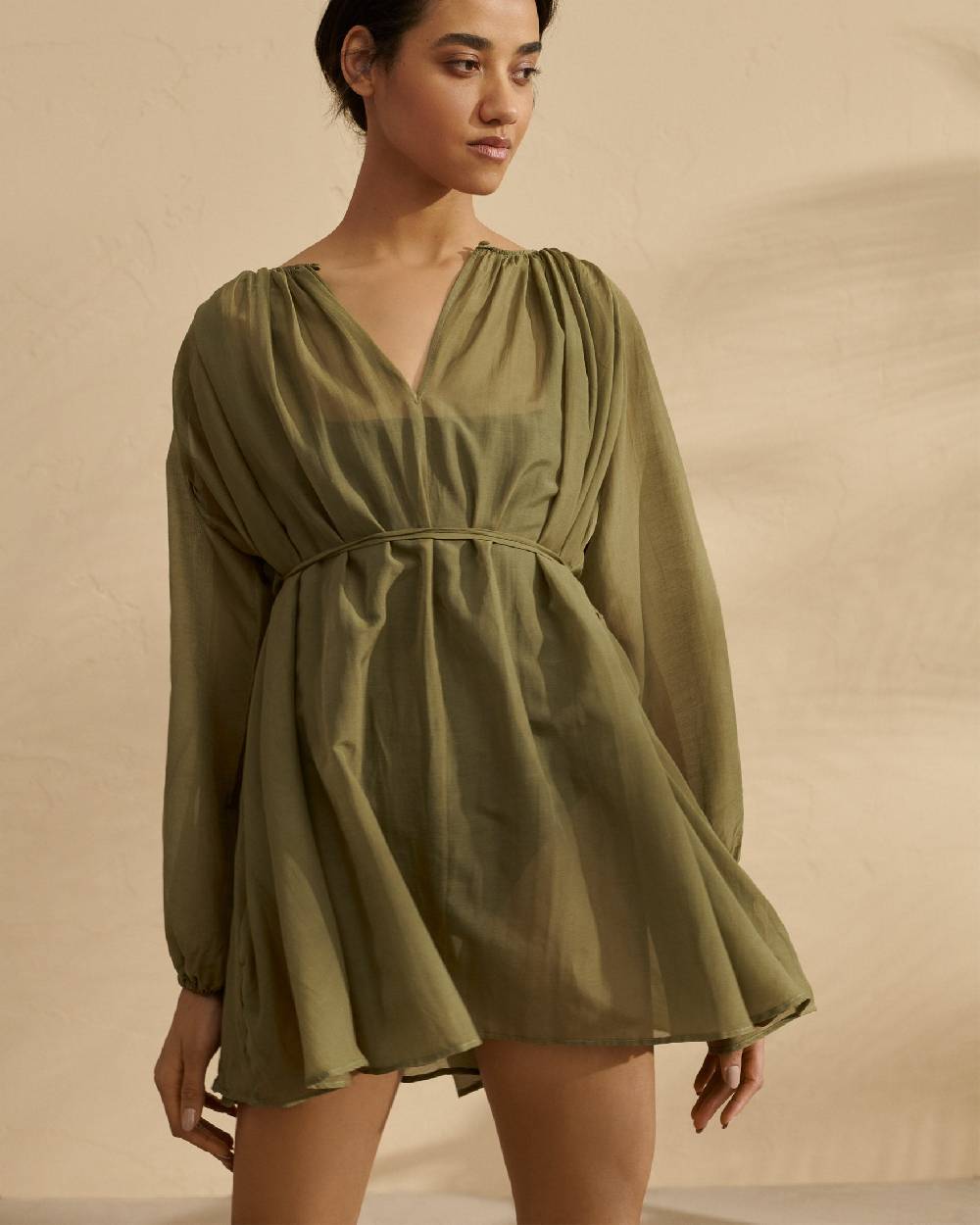 Manebí Silk Cotton Voile|Minorca Dress - Slim Waist Tie Belt Kaki Green 50% di sconto per tempo limitato
