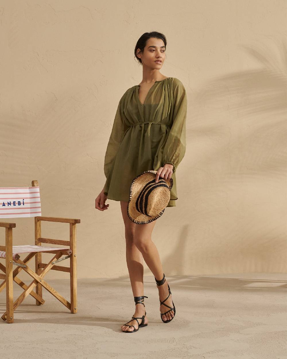 Manebí Silk Cotton Voile|Minorca Dress - Slim Waist Tie Belt Kaki Green 50% di sconto per tempo limitato