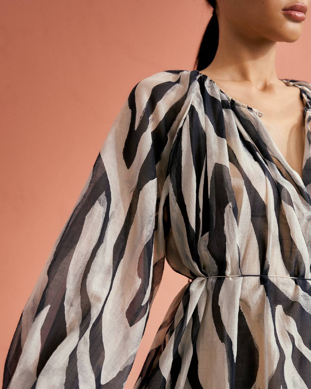 Manebí Printed Cotton Silk Voile|Minorca Dress - Slim Waist Tie Belt Black Off White Maxi Zebra 2025