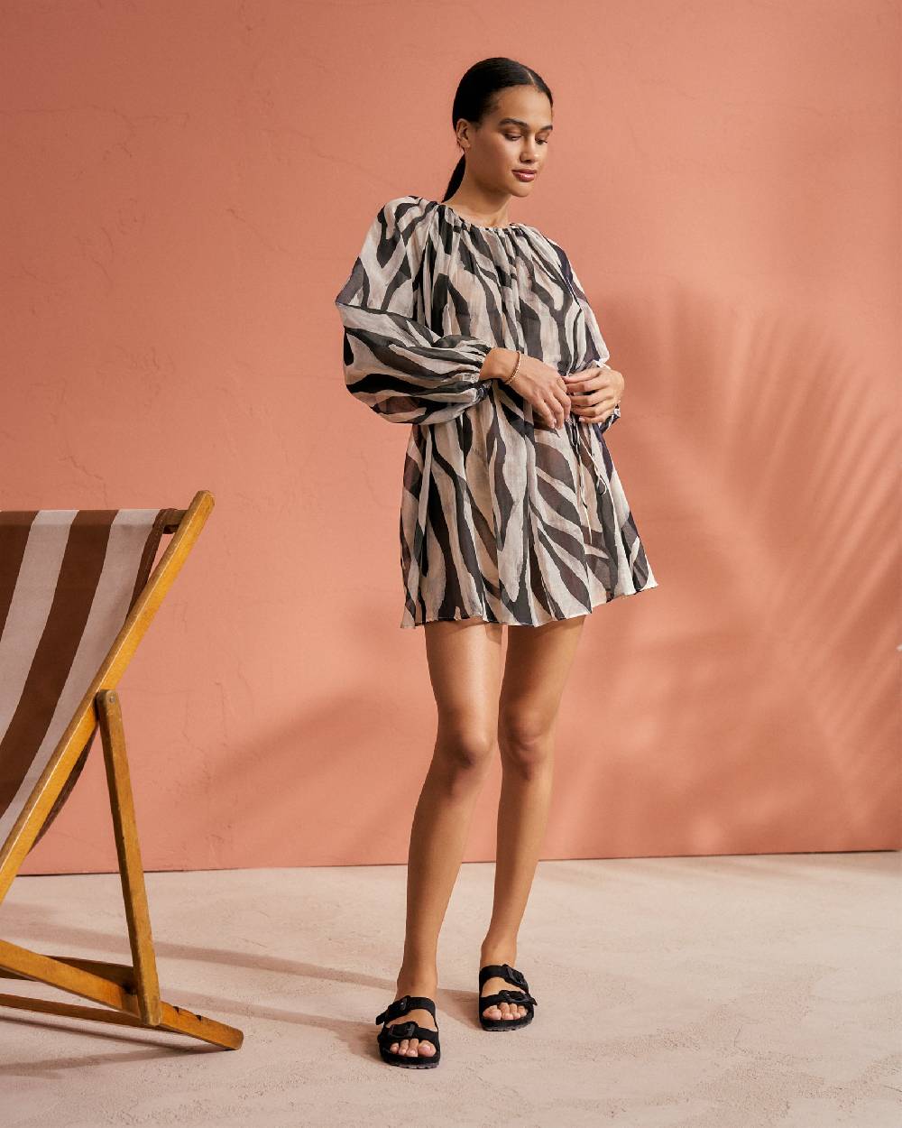 Manebí Printed Cotton Silk Voile|Minorca Dress - Slim Waist Tie Belt Black Off White Maxi Zebra 2025