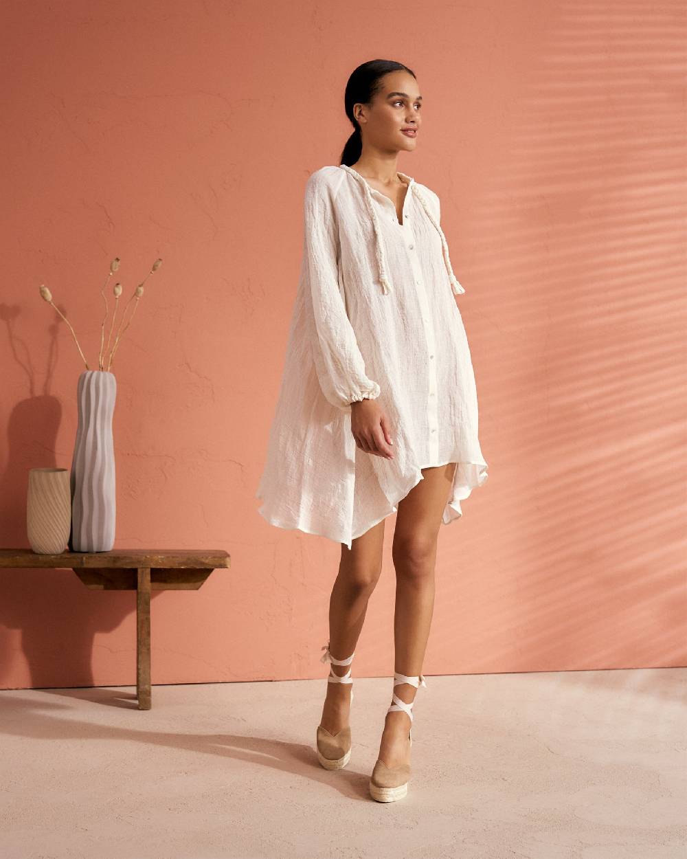 Manebí Linen Gauze Ibiza Dress - Hand Braided Cord White Italia