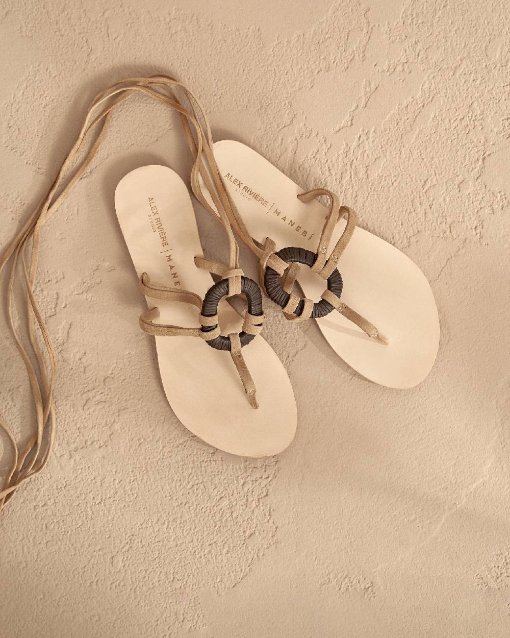 Manebí Mer Suede and Wood Effect|Lace-Up Ring Sandals - Champagne Beige Liquidazione