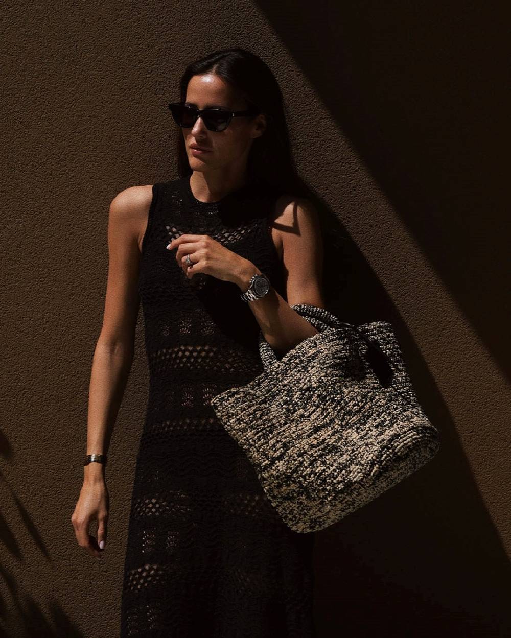 Manebí Panier Raffia Bag - Woven Raffia Natural and Black Melange Prezzo basso