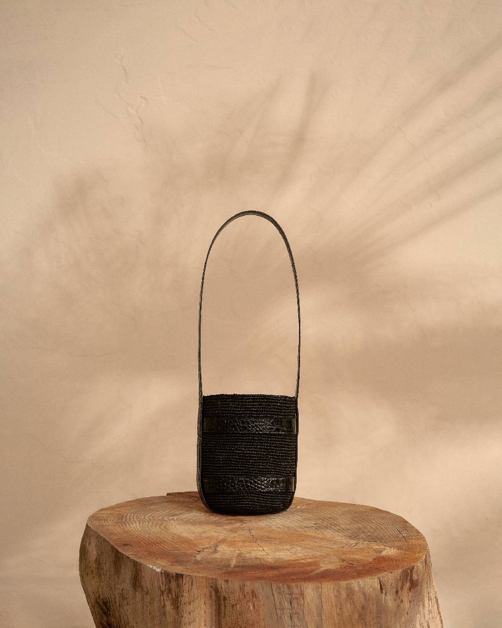 Manebí Bucket Raffia with Leather - Black and Black Super Saving Price