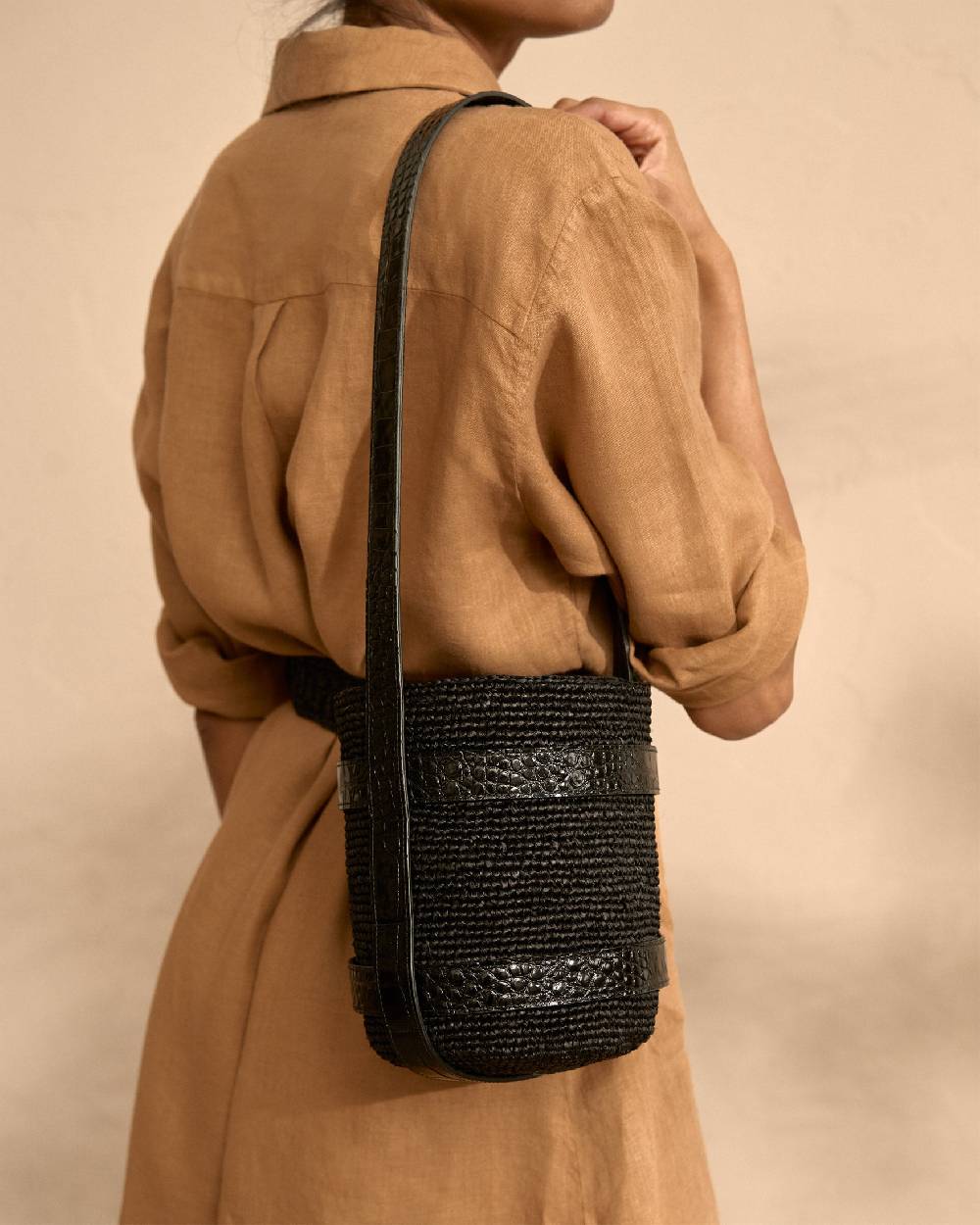 Manebí Bucket Raffia with Leather - Black and Black Super Saving Price
