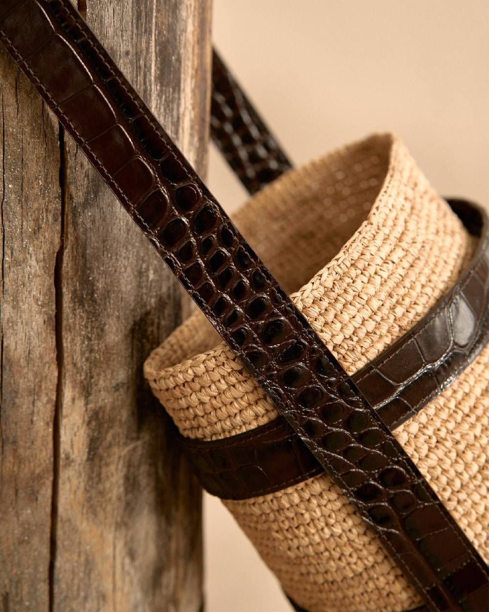 Manebí Bucket Raffia with Leather - Tan and Chocolate Offerta settimanale