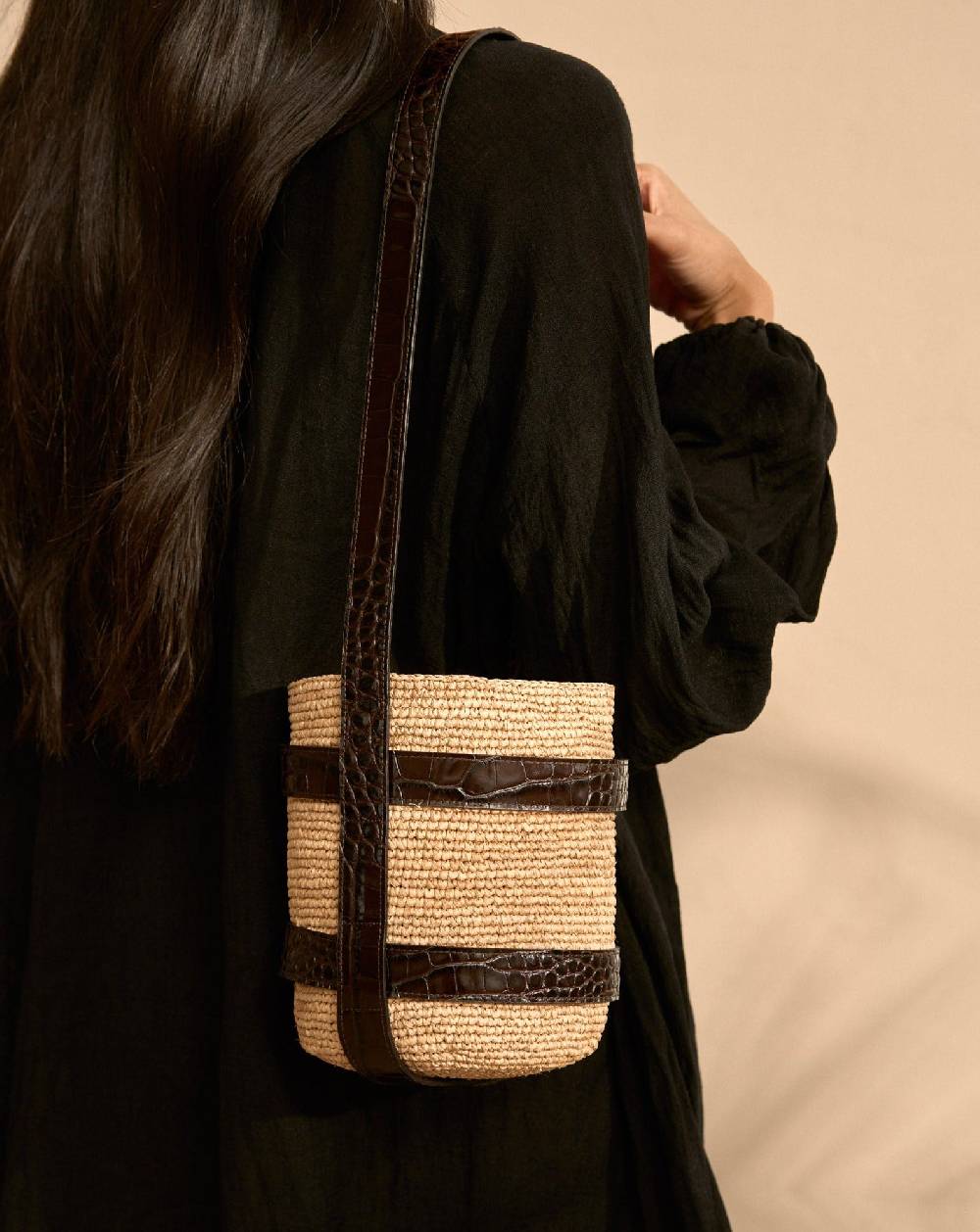 Manebí Bucket Raffia with Leather - Tan and Chocolate Offerta settimanale
