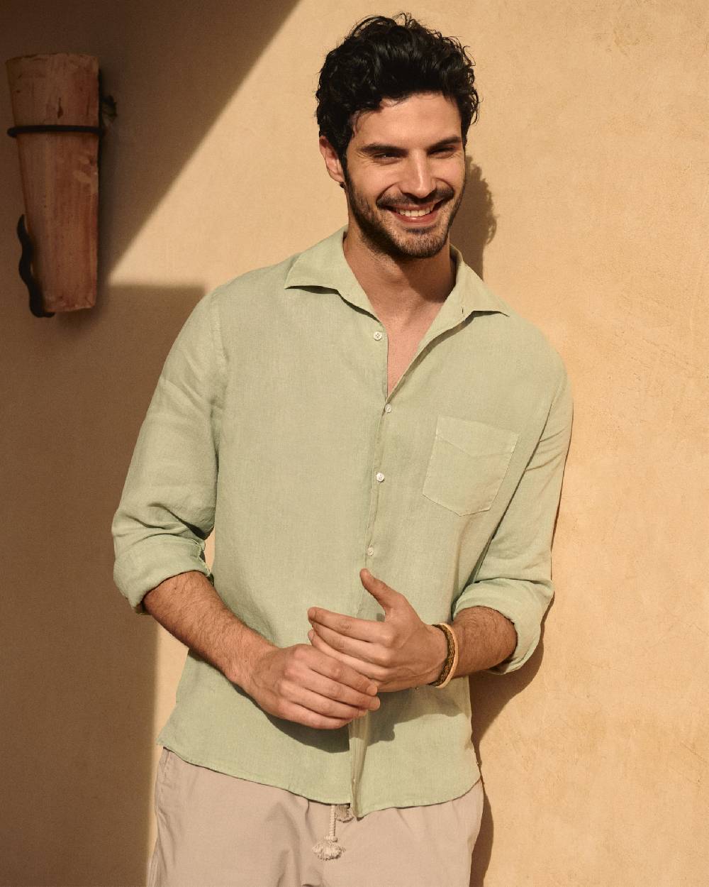 Manebí Linen Panama Shirt - Embroidered Palm Sage Qualità Garantita