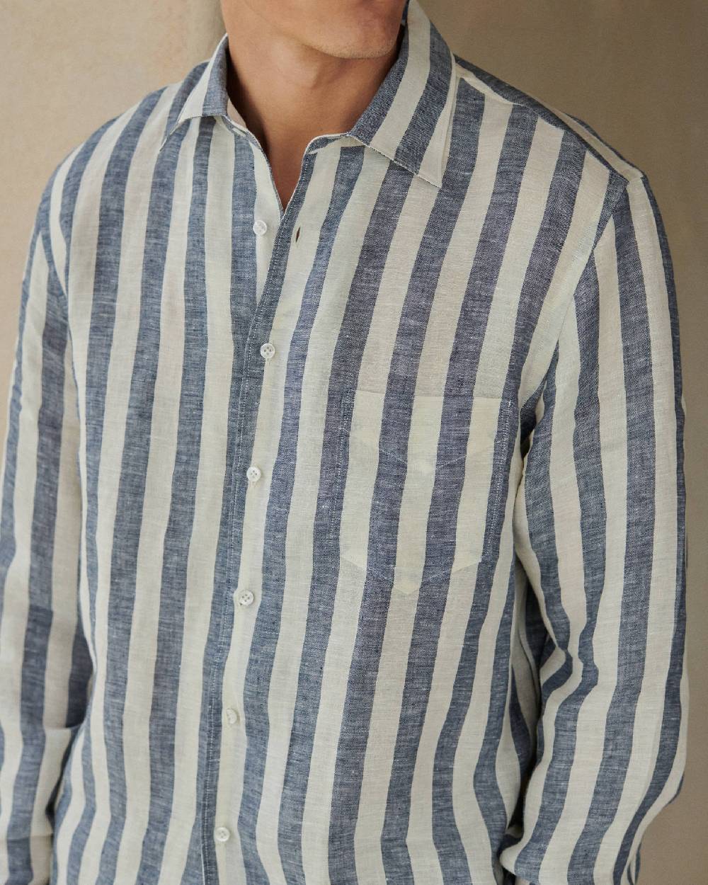 Manebí Linene Panama Shirt - Embroidered Palm Blue Beige Maxi Stripes Shopping Online