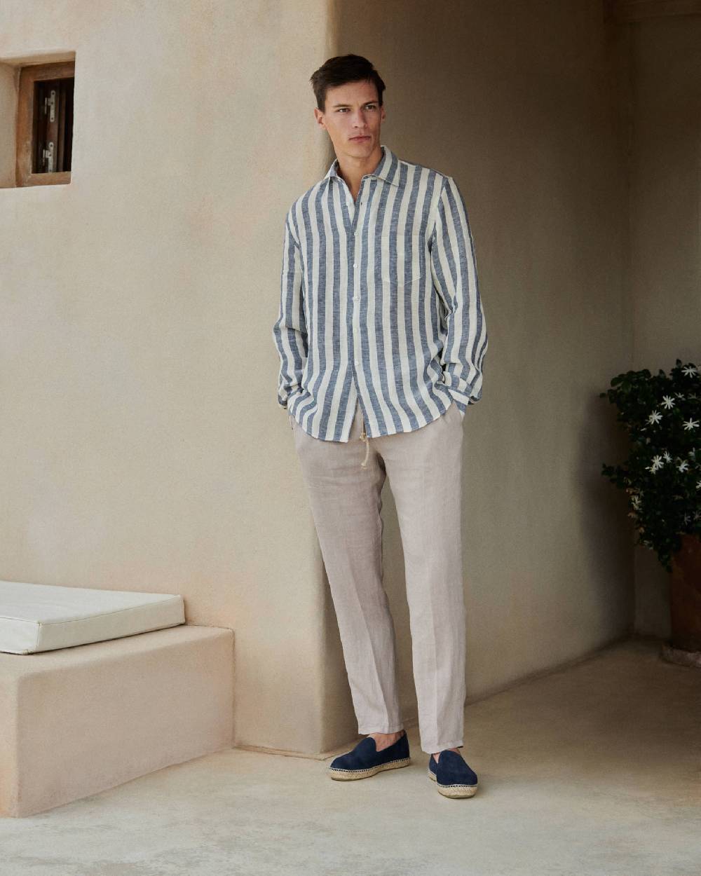 Manebí Linene Panama Shirt - Embroidered Palm Blue Beige Maxi Stripes Shopping Online