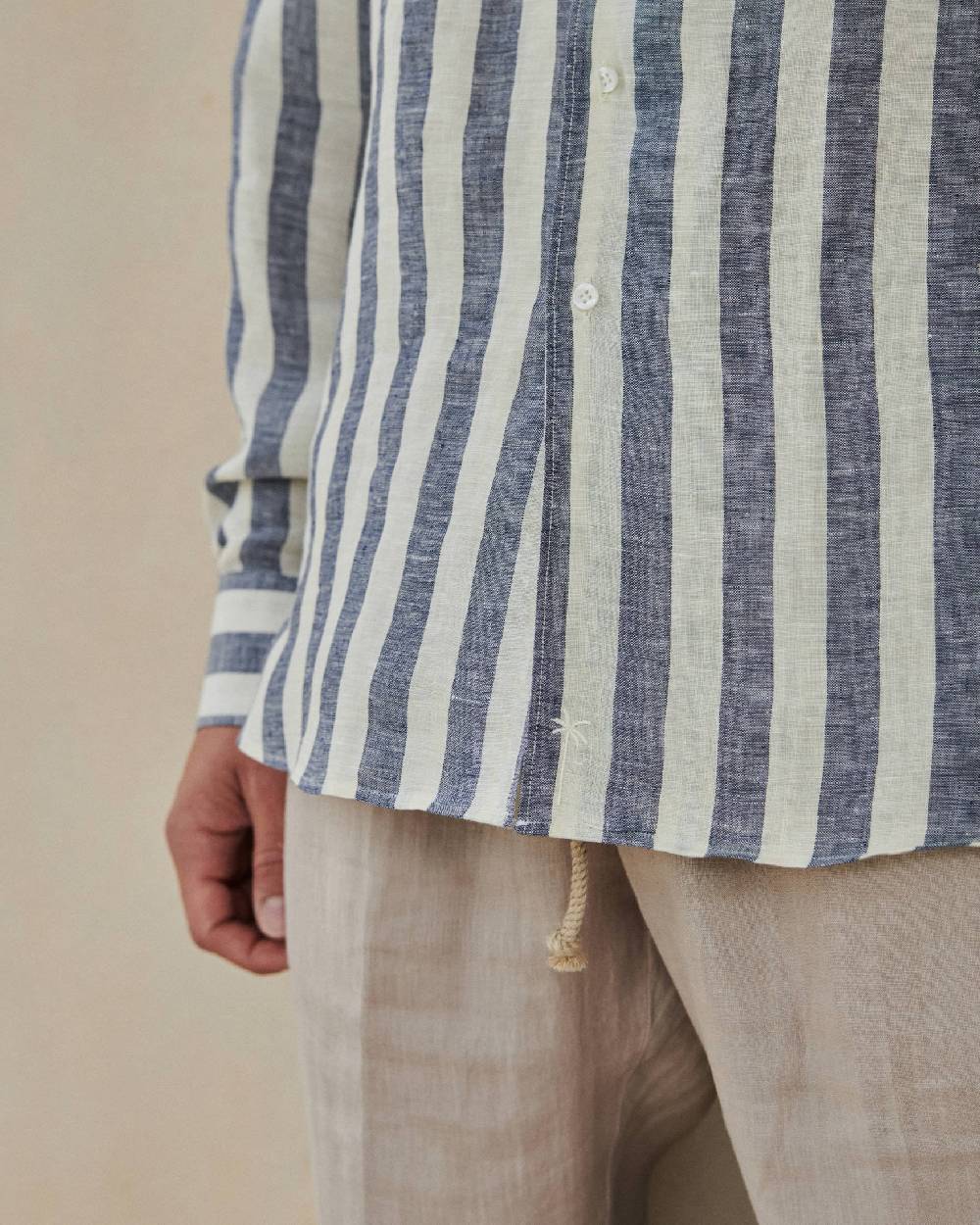 Manebí Linene Panama Shirt - Embroidered Palm Blue Beige Maxi Stripes Shopping Online