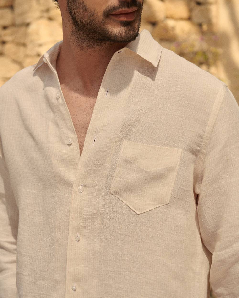 Manebí Linen Panama Shirt - Embroidered Palm Beige And Rose Mini-Mid Stripes Sottocosto