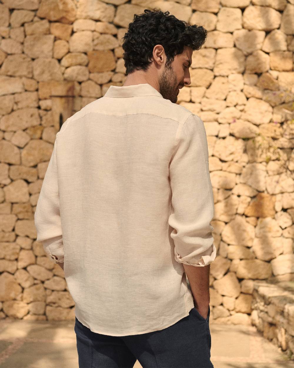 Manebí Linen Panama Shirt - Embroidered Palm Beige And Rose Mini-Mid Stripes Sottocosto
