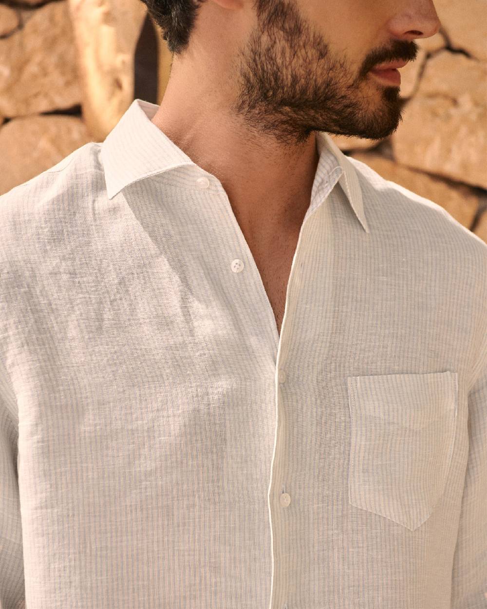 Manebí Linen Panama Shirt - Embroidered Palm Beige And Light Blue Mini-Mid Stripes Convenienza