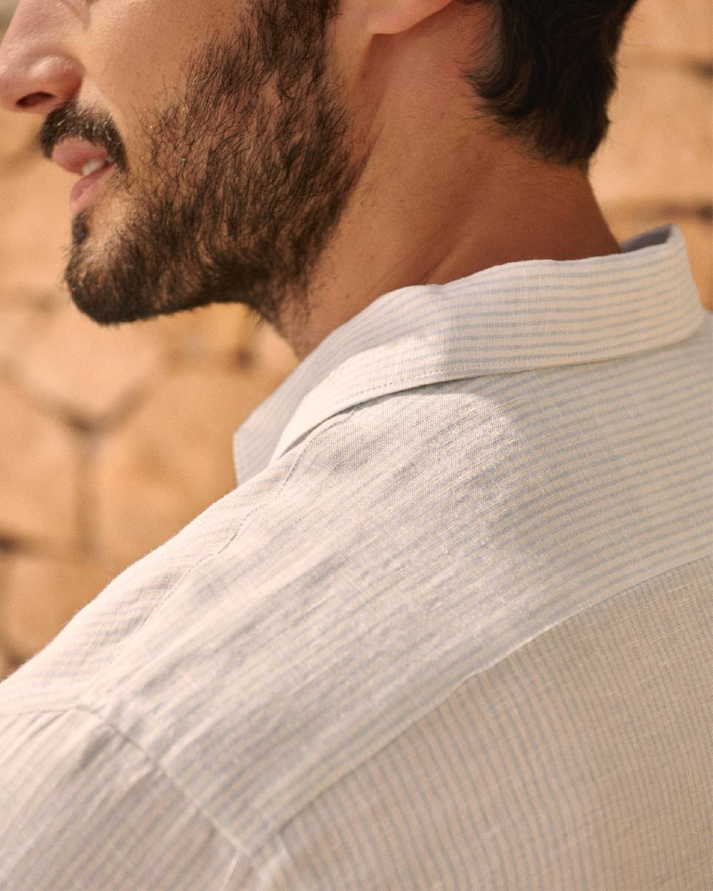 Manebí Linen Panama Shirt - Embroidered Palm Beige And Light Blue Mini-Mid Stripes Convenienza