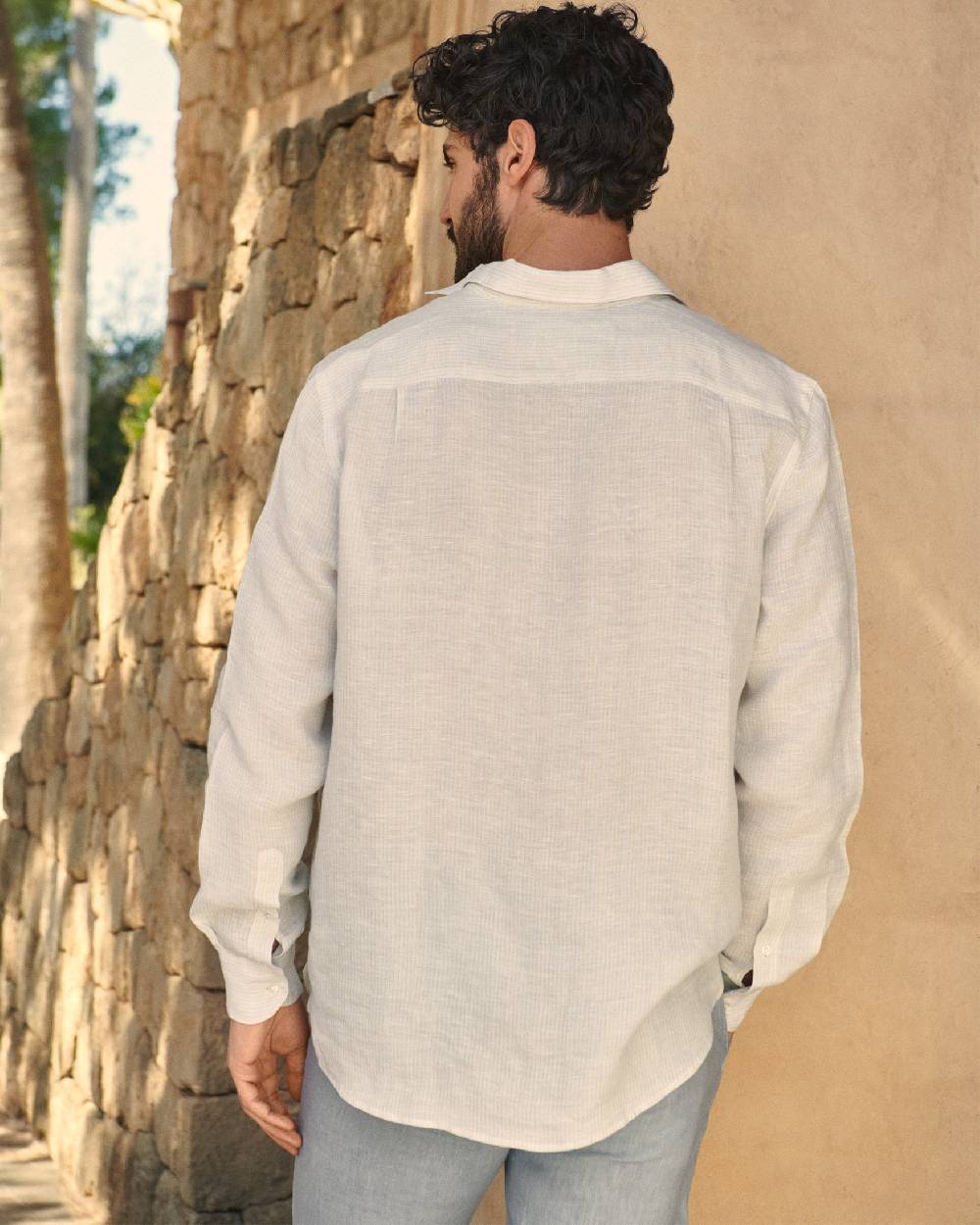 Manebí Linen Nassau Polo Shirt - Embroidered Palm Beige And Light Blue Mini-Mid Stripes Novità