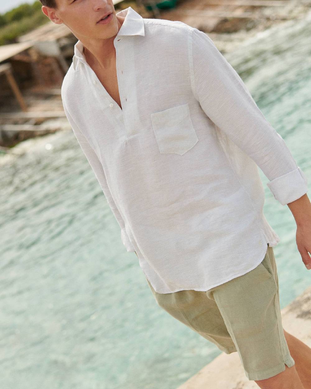 Manebí Linen Nassau Polo Shirt - Embroidered Palm Beige And Light Blue Mini-Mid Stripes Novità