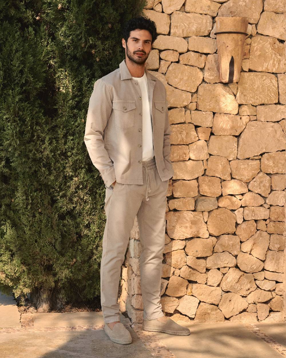 Manebí Stonewashed Cotton Venice Trousers - Embroidered Logo Kaki Beige Online