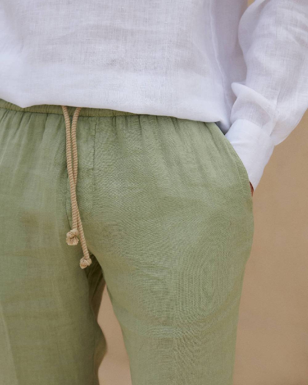 Manebí Washed Linen Venice Trousers - Embroidered Logo Military Green Offerte