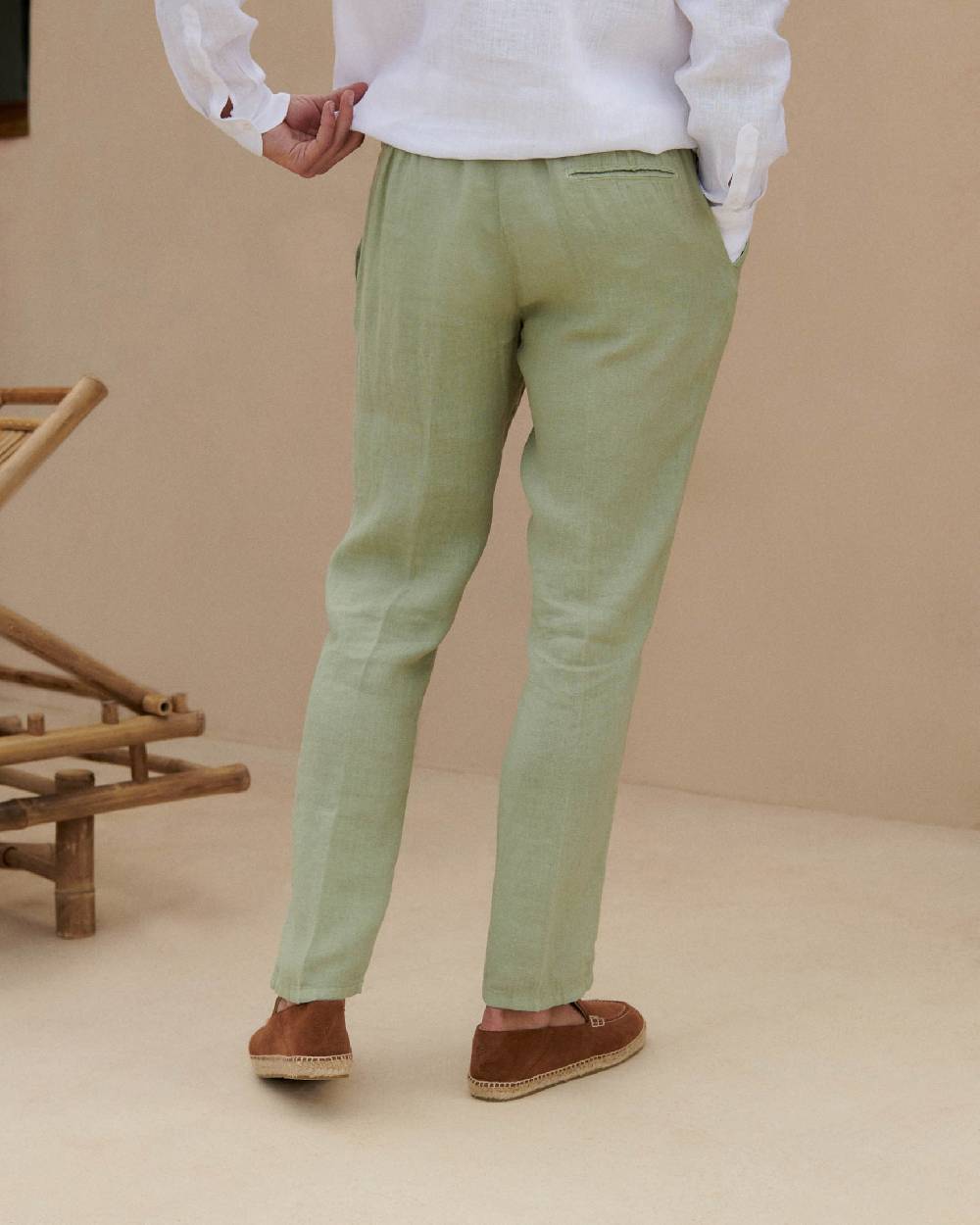 Manebí Washed Linen Venice Trousers - Embroidered Logo Military Green Offerte