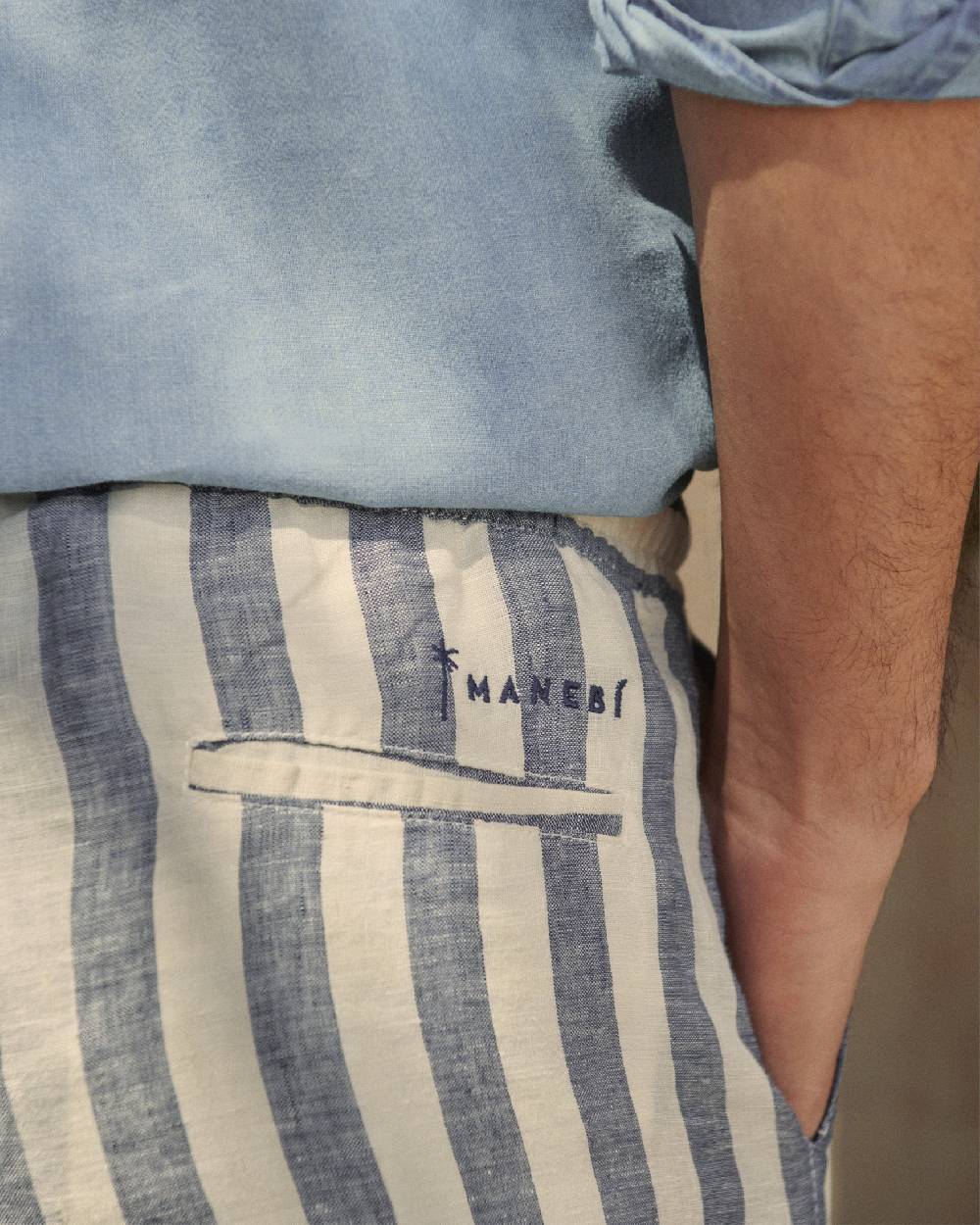 Manebí Light Linen|Malibu Shorts - Embroidered Logo Blue Beige Maxi Stripes Hotsell