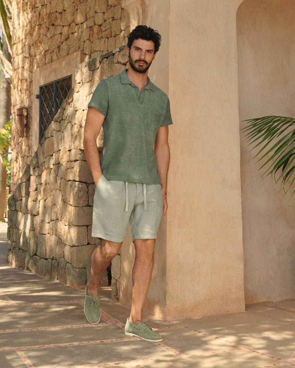 Manebí Washed Linen Positano Shorts - Embroidered Logo Military Green Vendita Calda