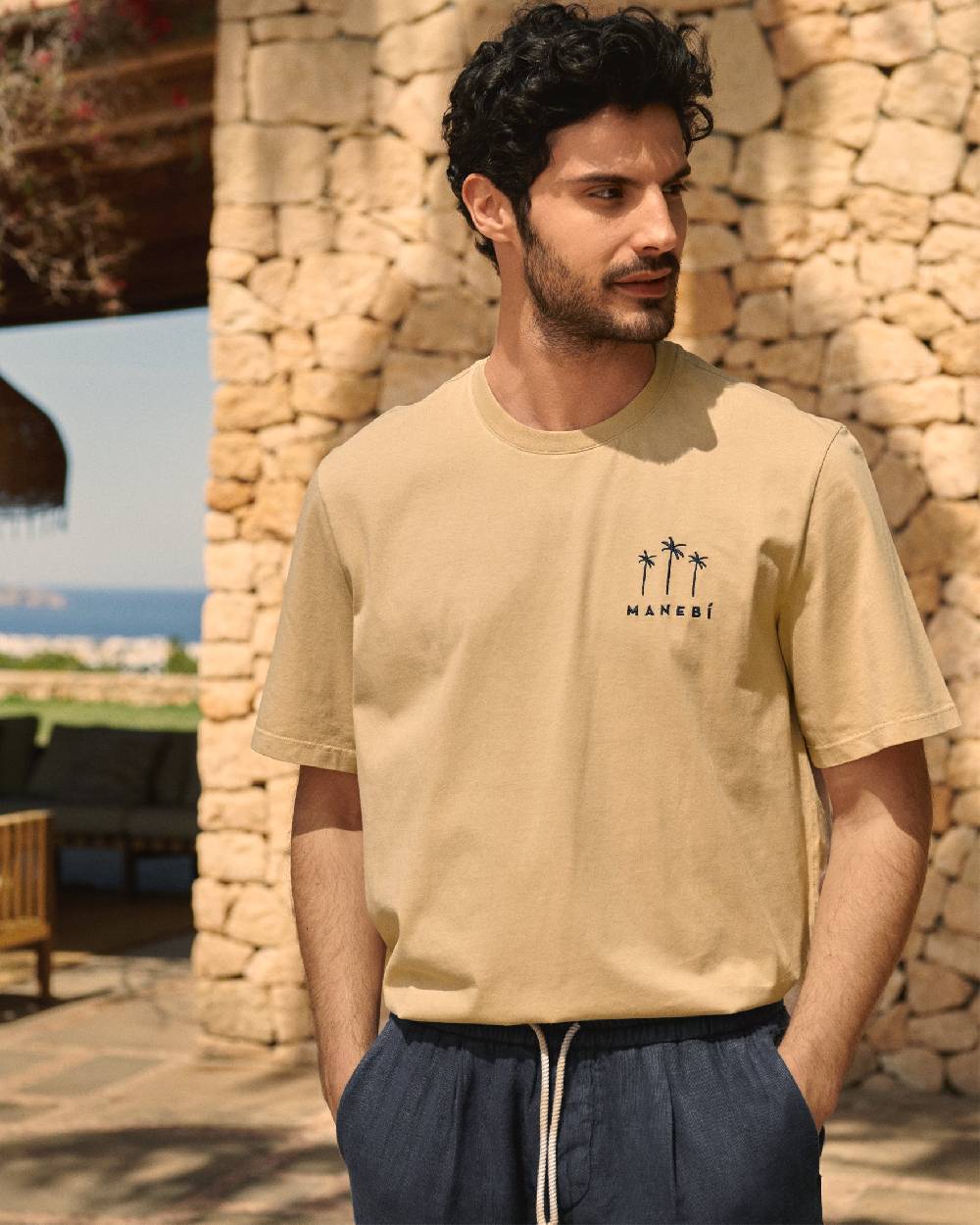 Manebí Jersey L. A. T-Shirt - Embroidered Sand Night Blue Palms Logo Embroidery Nuova