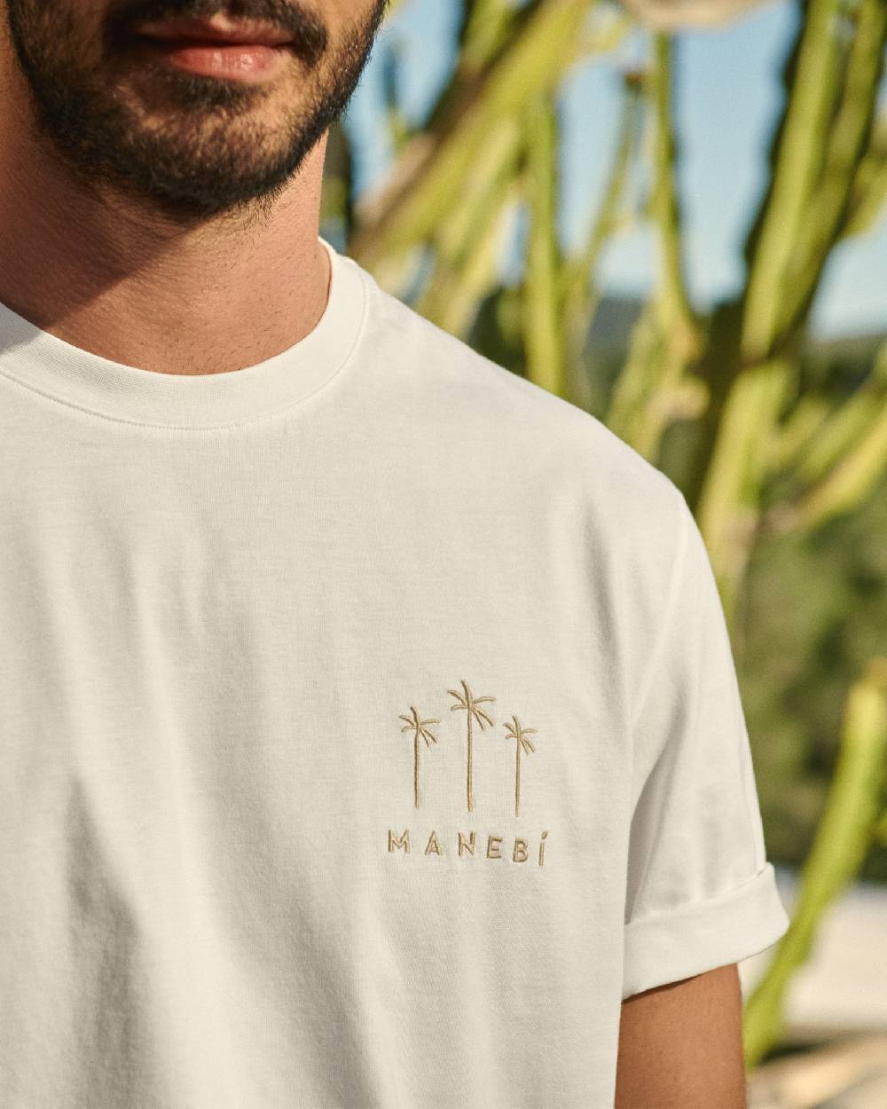 Manebí Jersey L. A. T-Shirt - Embroidered Off White Sand Palms And Logo Embroidery Moda