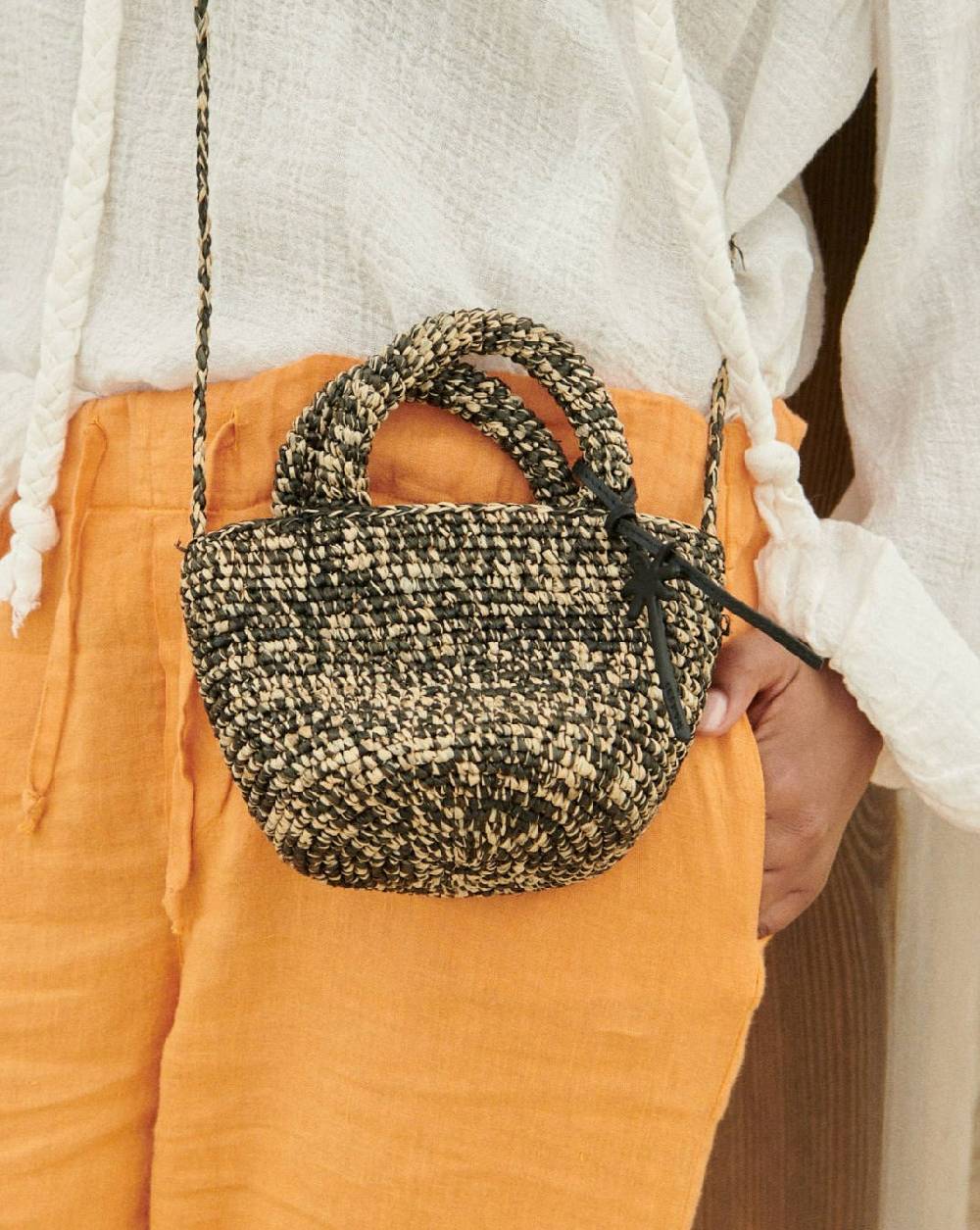 Manebí Raffia Summer Bag Mini - Palm Leather Tag Natural Black Melange Offerta Giorno del Papà