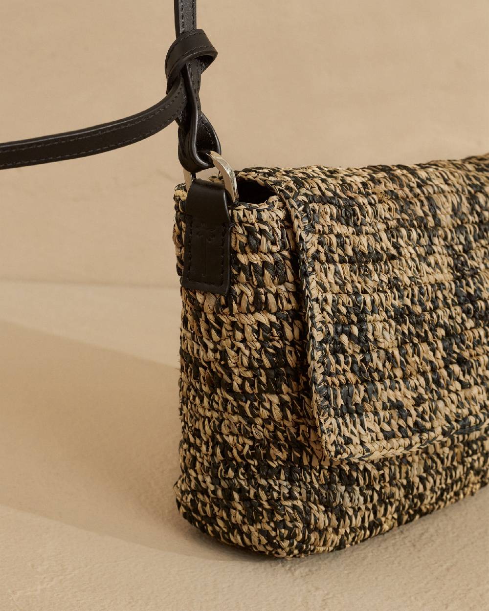 Manebí Raffia and Leather|Summer Night Bag Medium - Palm Leather Tag Natural Black Melange Offerta San Valentino