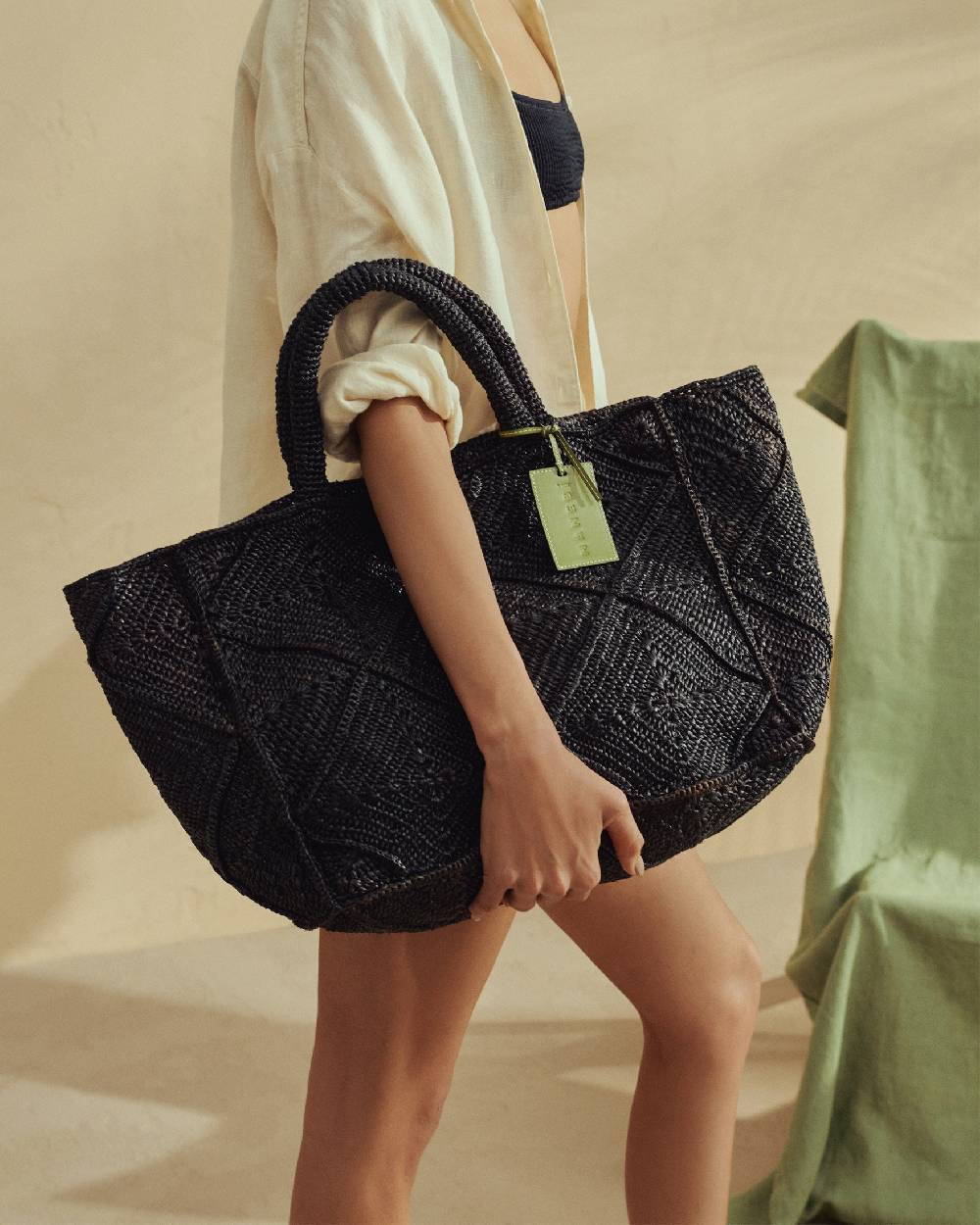 Manebí Raffia Crochet Sunset Bag Large - Leather Tag Black Online Outlet