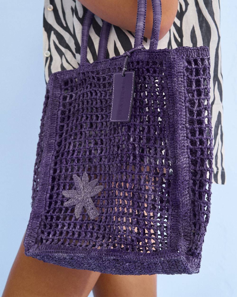 Manebí Raffia Net Bag - Purple Leather Tag Summer Purple with Palm Lightning offer