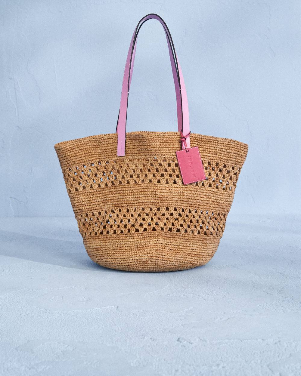 Manebí Raffia Weaving Basket Bag - Fuchsia Leather Tag Tan Grandi sconti