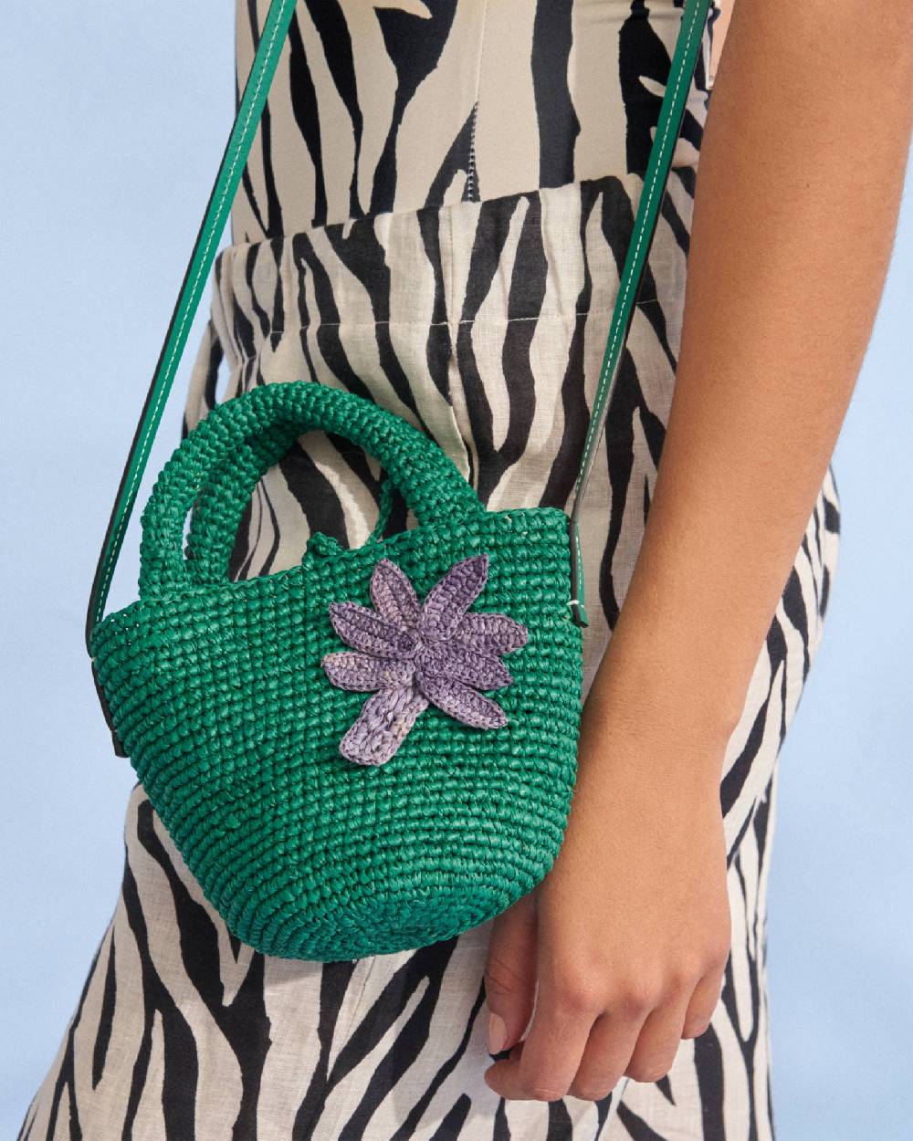 Manebí Raffia and Leather Summer Bag Mini - Cross-body Bag Vitamin Green with Palm Nuovi prodotti