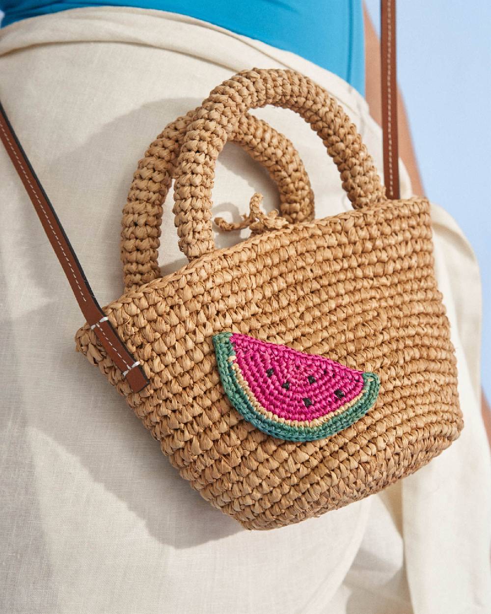 Manebí Raffia and Leather Summer Bag Mini - Cross-body Bag Tan with Watermelon Bestseller