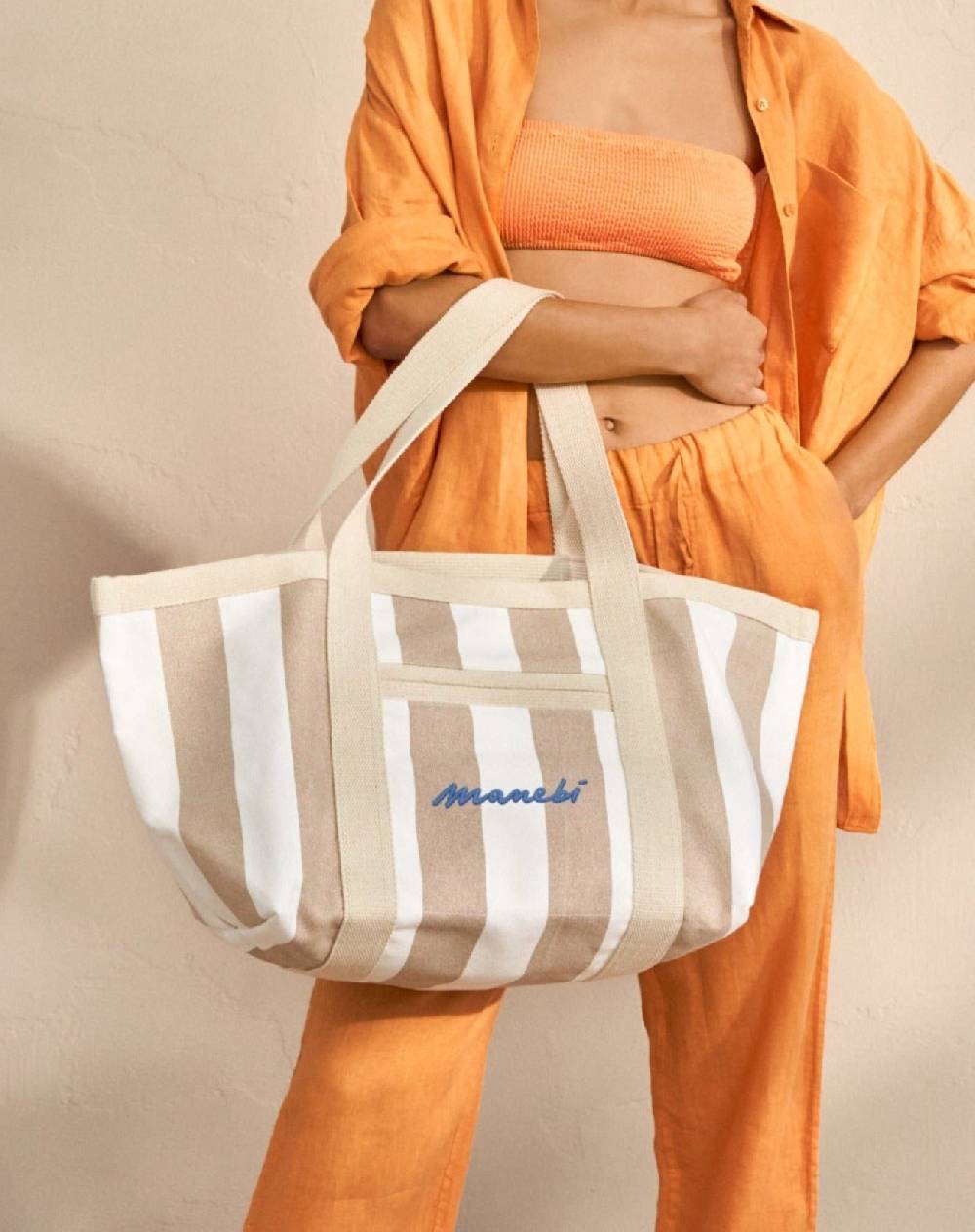Manebí Canvas Tote Bag - Embroidered Logo White and Beige Stripes Offerte stagionali