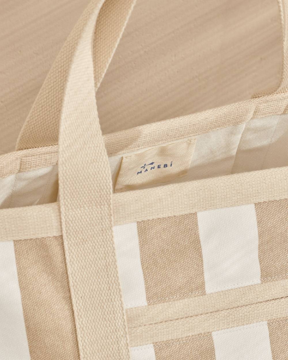 Manebí Canvas Tote Bag - Embroidered Logo White and Beige Stripes Offerte stagionali