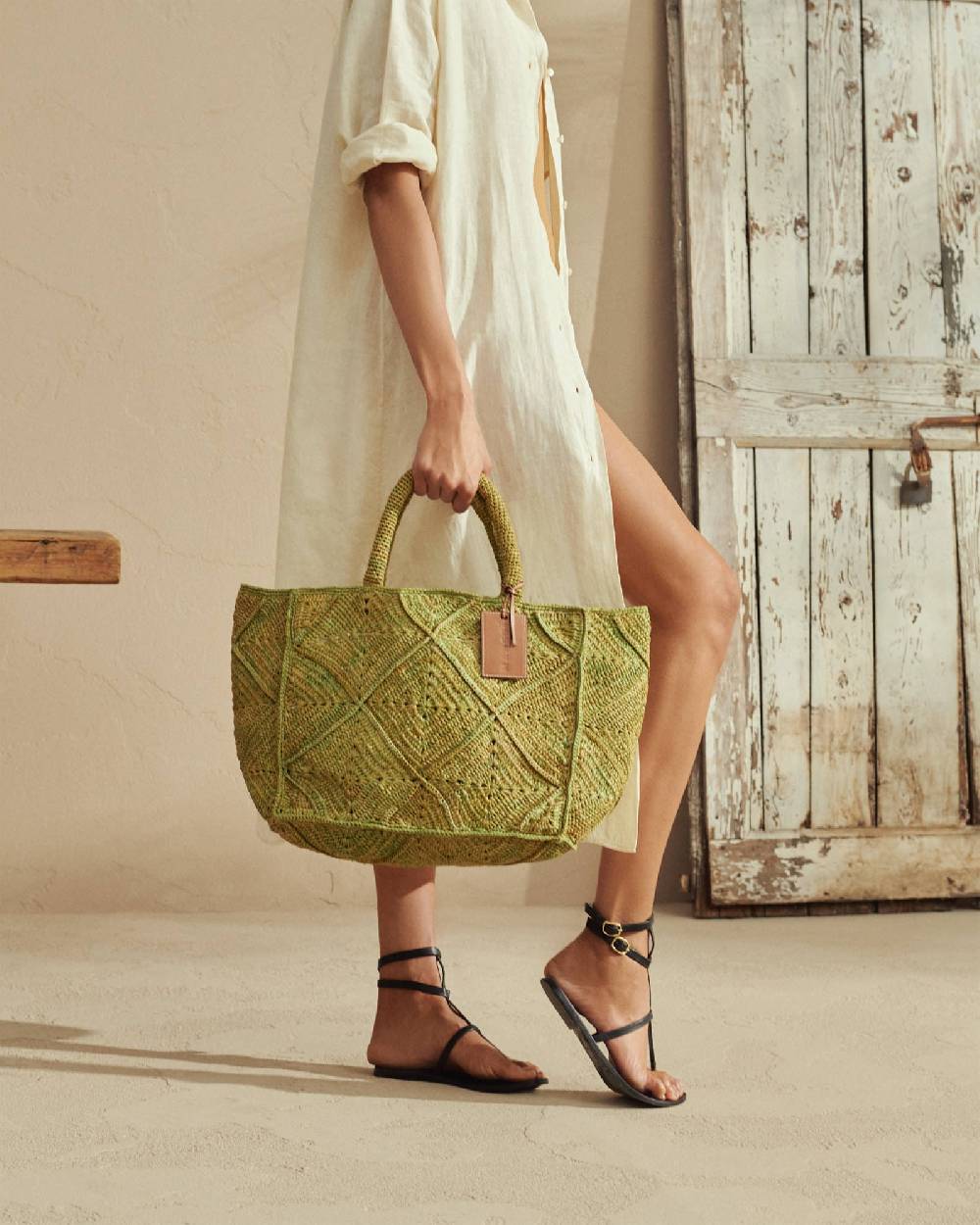 Manebí Raffia Crochet Sunset Bag Large - Leather Tag Kaki Comprane uno, ottenene uno gratis