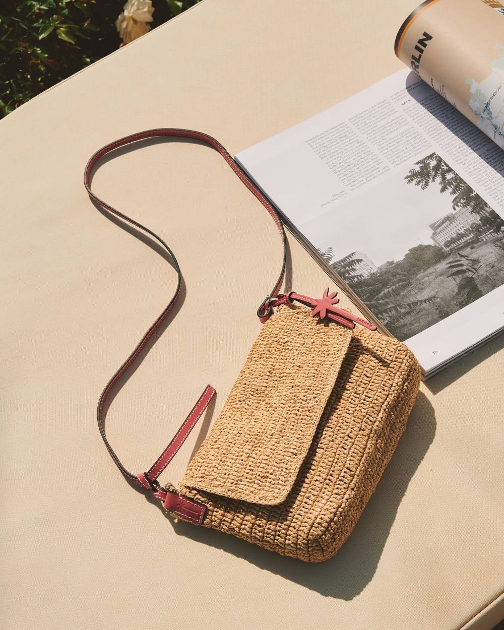 Manebí Raffia Summer Night Bag Medium - Leather Handle \u0026 Palm Leather Tag Natural and Fuchsia