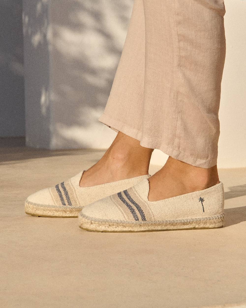 Manebí Espadrillas piatte in tela intrecciata - Yucatán - Doppie strisce grigie su beige Ultimi tre giorni