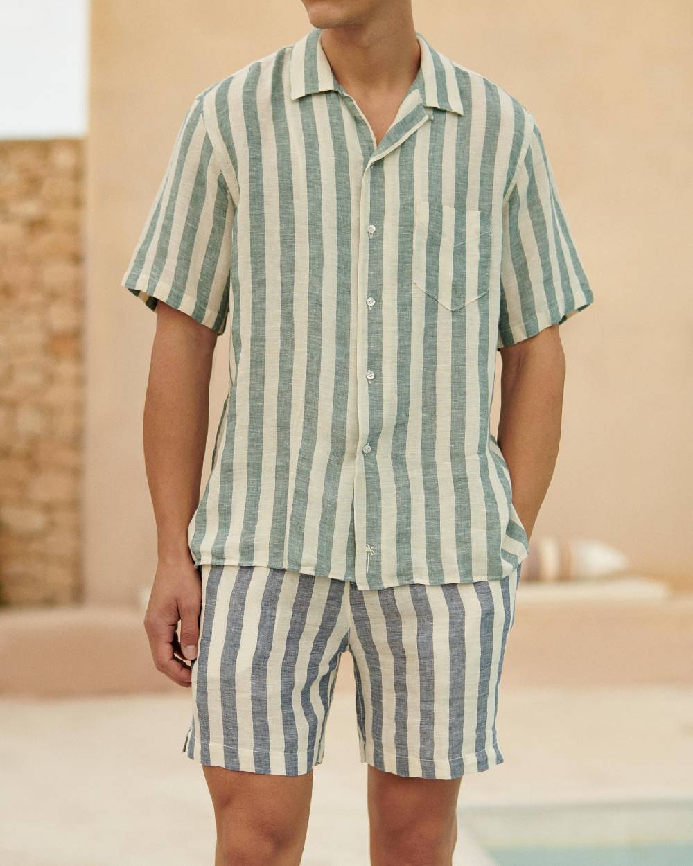 Manebí Linen Havana Camp-Collar Shirt - Embroidered Palm Green Beige Maxi Stripes Fino al 55% di sconto