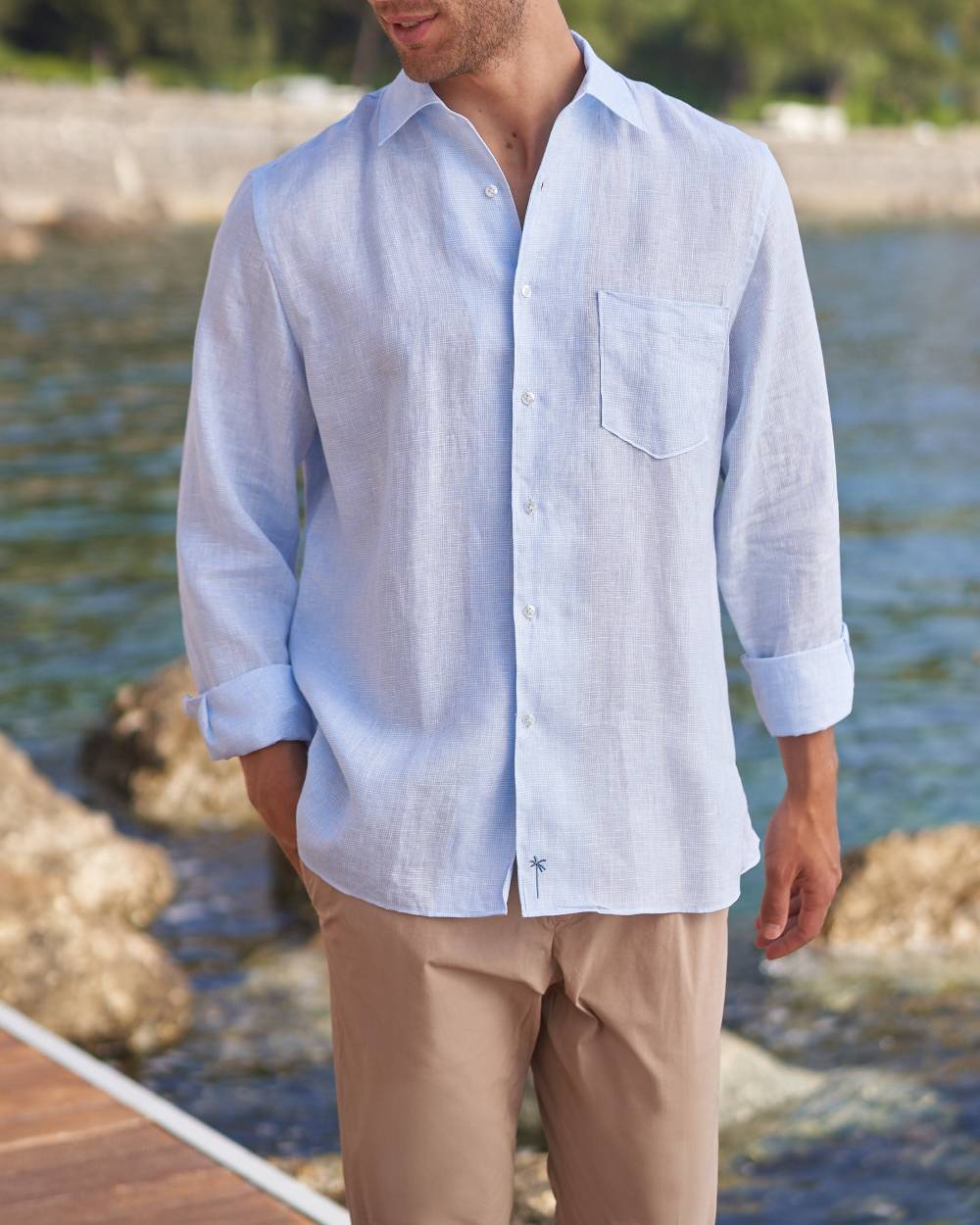 Manebí Linen Panama Shirt - Embroidered Palm White And Blue Mini Pied De Poule Discount Store per i nuovi prodotti