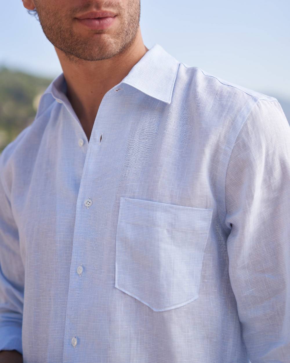 Manebí Linen Panama Shirt - Embroidered Palm White And Blue Mini Pied De Poule Discount Store per i nuovi prodotti