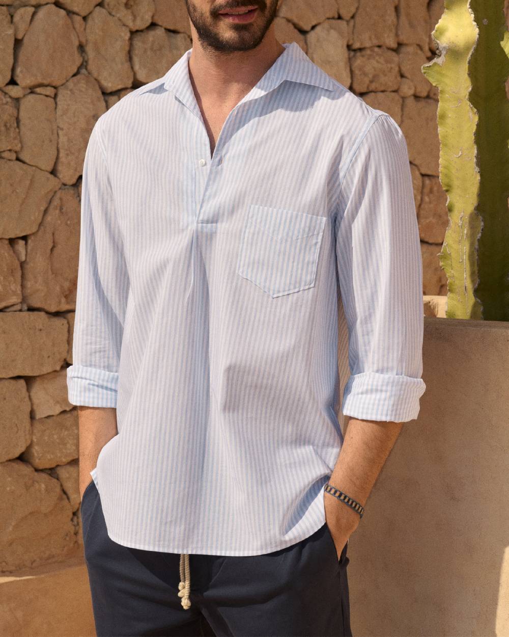 Manebí Poplin Nassau Polo Shirt - Light Blue \u0026 White Watercolor Stripes In vendita