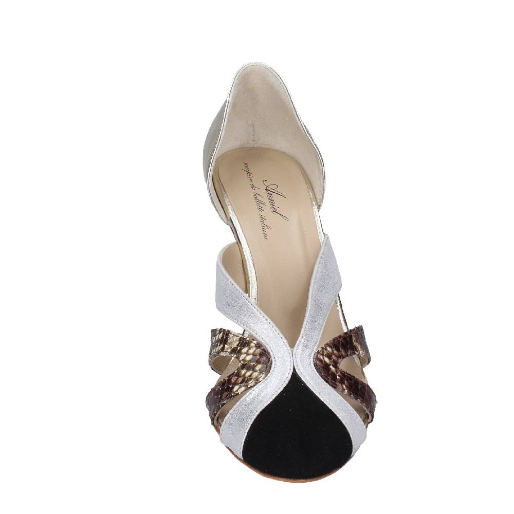 scarpe donna ANNIEL decollete platino pelle nero camoscio EX237 Spedizione Gratuita