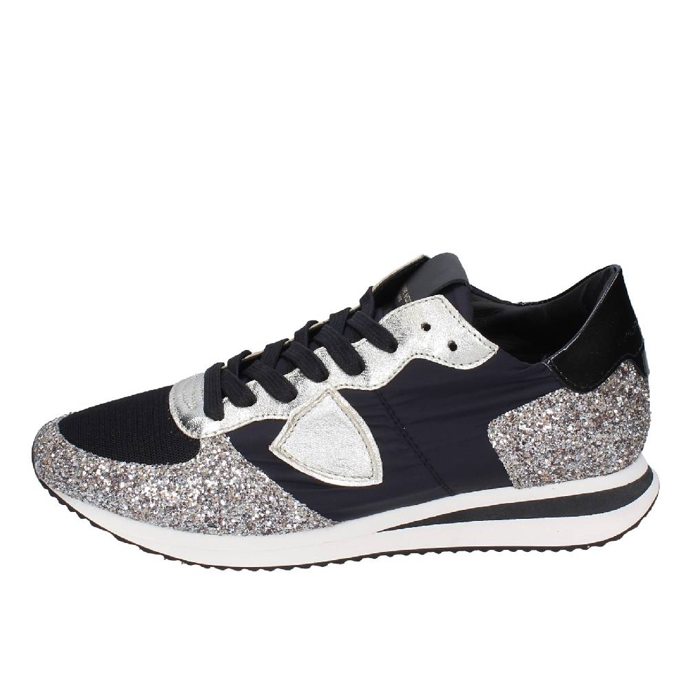 scarpe donna PHILIPPE MODEL sneakers nero tessuto platino glitter EX366 Nuovo